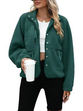 Women's Dark Green Fleece Jacket Button Down Sherpa Jacket Fuzzy Cropped Jackets